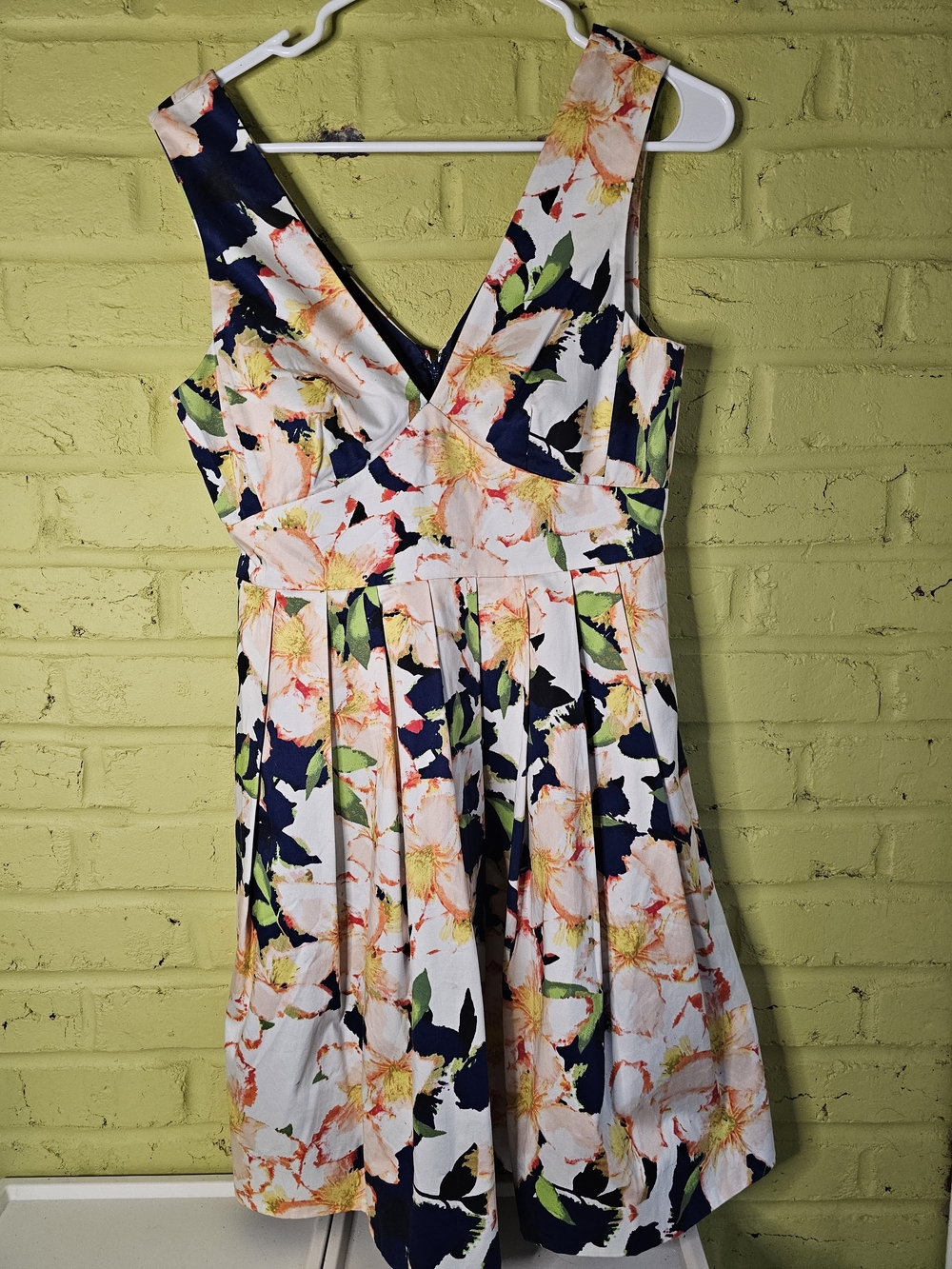 JCrew Floral V-Neck Navy and Cream Fit & Flare Dress - Picture 2 of 4